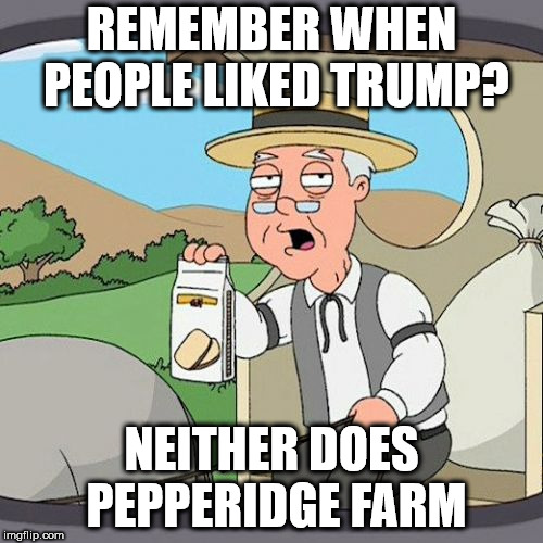 Pepperidge Farm Remembers | REMEMBER WHEN PEOPLE LIKED TRUMP? NEITHER DOES PEPPERIDGE FARM | image tagged in memes,pepperidge farm remembers | made w/ Imgflip meme maker