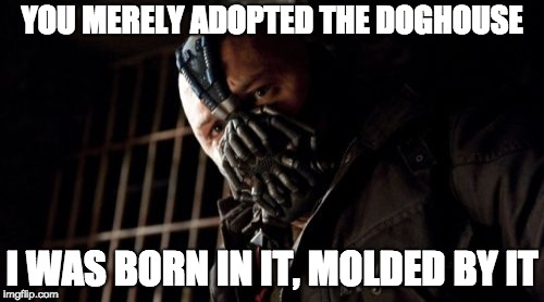 Permission Bane | YOU MERELY ADOPTED THE DOGHOUSE; I WAS BORN IN IT, MOLDED BY IT | image tagged in memes,permission bane | made w/ Imgflip meme maker