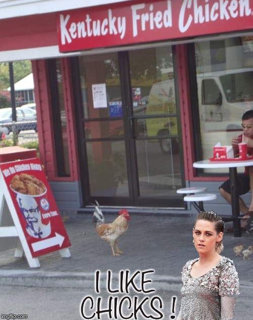Who doesn’t ? | I LIKE CHICKS ! | image tagged in kfc chicken,kristen stewart,animals,food porn,memes | made w/ Imgflip meme maker