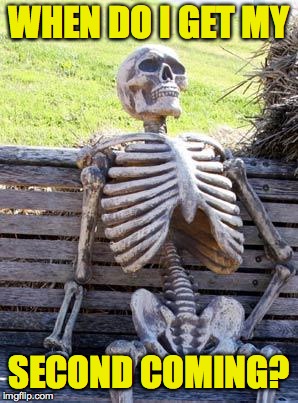 Waiting Skeleton Meme | WHEN DO I GET MY SECOND COMING? | image tagged in memes,waiting skeleton | made w/ Imgflip meme maker