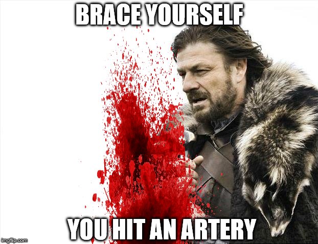Brace Yourselves X is Coming Meme | BRACE YOURSELF YOU HIT AN ARTERY | image tagged in memes,brace yourselves x is coming | made w/ Imgflip meme maker