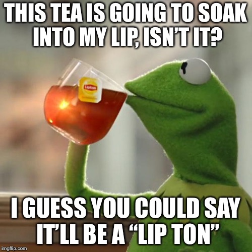 But That's None Of My Business Meme | THIS TEA IS GOING TO SOAK INTO MY LIP, ISN’T IT? I GUESS YOU COULD SAY IT’LL BE A “LIP TON” | image tagged in memes,but thats none of my business,kermit the frog | made w/ Imgflip meme maker