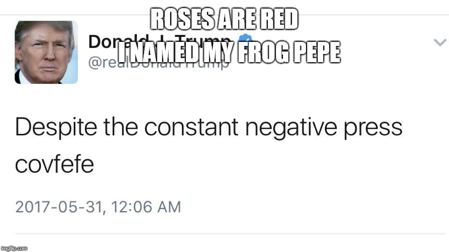 I NAMED MY FROG PEPE; ROSES ARE RED | image tagged in trump's covfefe tweet | made w/ Imgflip meme maker