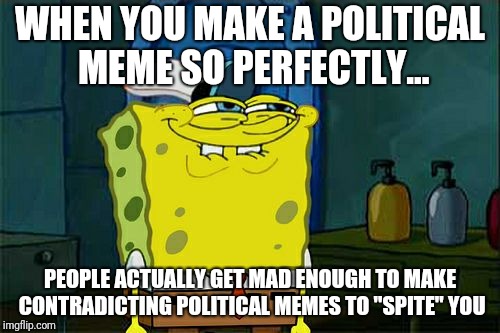 political memery | WHEN YOU MAKE A POLITICAL MEME SO PERFECTLY... PEOPLE ACTUALLY GET MAD ENOUGH TO MAKE CONTRADICTING POLITICAL MEMES TO "SPITE" YOU | image tagged in memes,dont you squidward | made w/ Imgflip meme maker