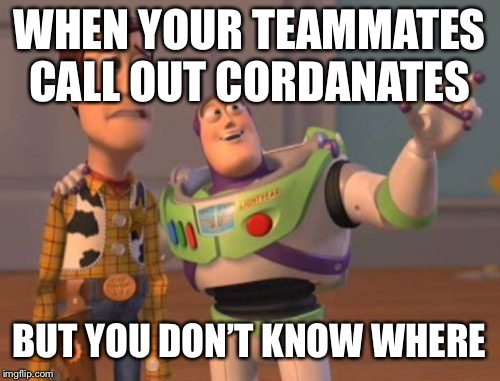 X, X Everywhere Meme | WHEN YOUR TEAMMATES CALL OUT CORDANATES; BUT YOU DON’T KNOW WHERE | image tagged in memes,x x everywhere | made w/ Imgflip meme maker