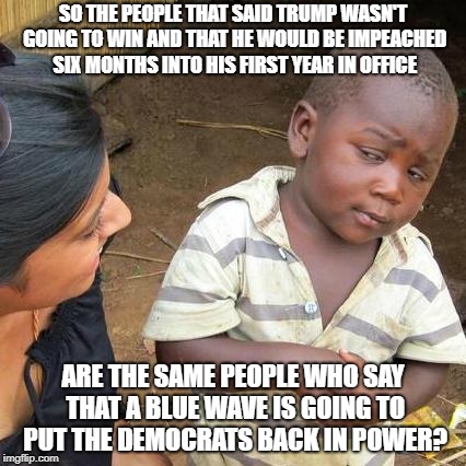 Name one major piece of legislation that the democrats helped pass in the comments below. | SO THE PEOPLE THAT SAID TRUMP WASN'T GOING TO WIN AND THAT HE WOULD BE IMPEACHED SIX MONTHS INTO HIS FIRST YEAR IN OFFICE; ARE THE SAME PEOPLE WHO SAY THAT A BLUE WAVE IS GOING TO PUT THE DEMOCRATS BACK IN POWER? | image tagged in memes,third world skeptical kid | made w/ Imgflip meme maker