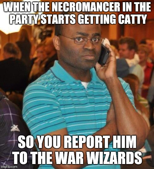 WHEN THE NECROMANCER IN THE PARTY STARTS GETTING CATTY; SO YOU REPORT HIM TO THE WAR WIZARDS | made w/ Imgflip meme maker