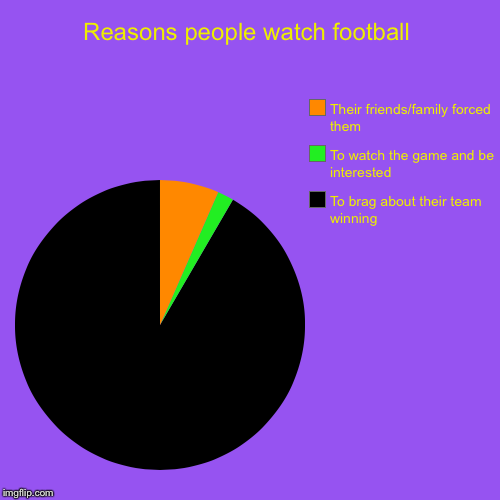 Reasons people watch football | To brag about their team winning, To watch the game and be interested, Their friends/family forced them | image tagged in funny,pie charts | made w/ Imgflip chart maker