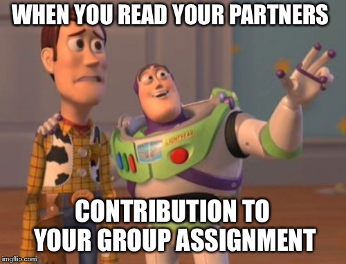 X, X Everywhere | WHEN YOU READ YOUR PARTNERS; CONTRIBUTION TO YOUR GROUP ASSIGNMENT | image tagged in memes,x x everywhere | made w/ Imgflip meme maker