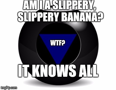 IT KNOWS ALL!!!! | AM I A SLIPPERY, SLIPPERY BANANA? WTF? IT KNOWS ALL | image tagged in magic 8 ball | made w/ Imgflip meme maker