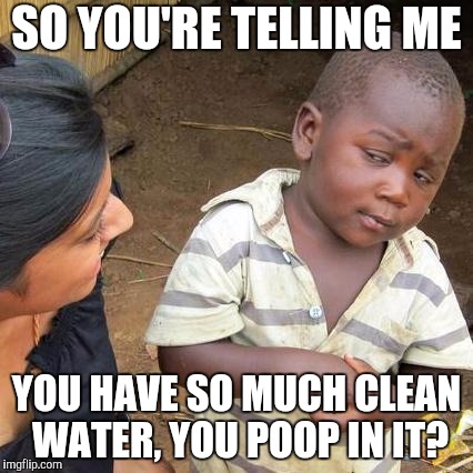 Third World Skeptical Kid Meme | SO YOU'RE TELLING ME; YOU HAVE SO MUCH CLEAN WATER, YOU POOP IN IT? | image tagged in memes,third world skeptical kid | made w/ Imgflip meme maker