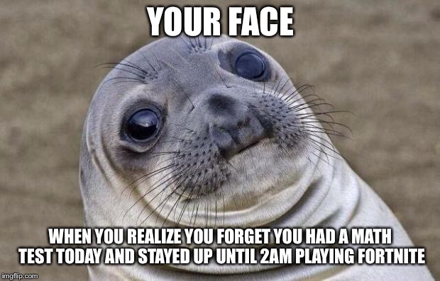 Awkward Moment Sealion | YOUR FACE; WHEN YOU REALIZE YOU FORGET YOU HAD A MATH TEST TODAY AND STAYED UP UNTIL 2AM PLAYING FORTNITE | image tagged in memes,awkward moment sealion | made w/ Imgflip meme maker