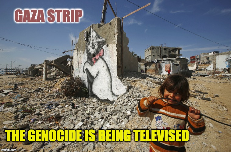 Banksy Gaza Genocide | GAZA STRIP; THE GENOCIDE IS BEING TELEVISED | image tagged in palestine,genocide,gaza,banksy | made w/ Imgflip meme maker