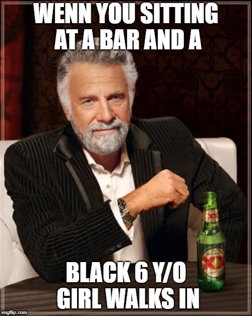 The Most Interesting Man In The World Meme | WENN YOU SITTING AT A BAR AND A; BLACK 6 Y/O GIRL WALKS IN | image tagged in memes,the most interesting man in the world | made w/ Imgflip meme maker