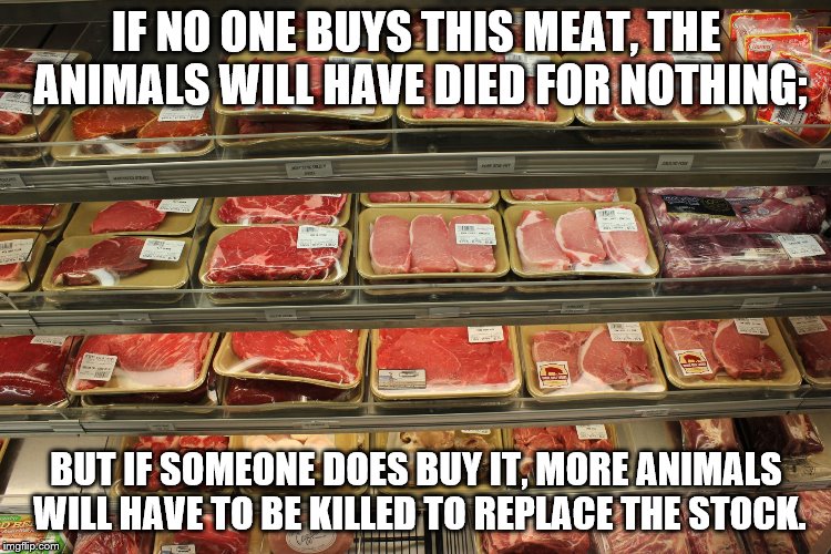 Catch 22 | IF NO ONE BUYS THIS MEAT, THE ANIMALS WILL HAVE DIED FOR NOTHING;; BUT IF SOMEONE DOES BUY IT, MORE ANIMALS WILL HAVE TO BE KILLED TO REPLACE THE STOCK. | image tagged in meat | made w/ Imgflip meme maker