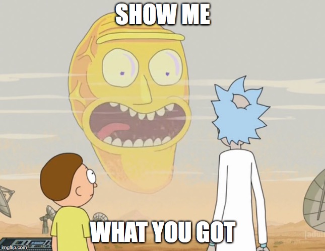 Rick and Morty Schwifty  | SHOW ME; WHAT YOU GOT | image tagged in rick and morty schwifty | made w/ Imgflip meme maker