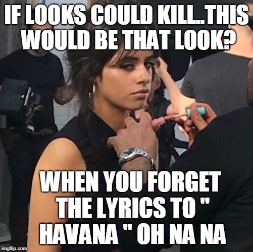 Havana Forget The Lyrics '' Death Stare ''  | IF LOOKS COULD KILL..THIS WOULD BE THAT LOOK? WHEN YOU FORGET THE LYRICS TO '' HAVANA " OH NA NA | image tagged in camila cabello stare | made w/ Imgflip meme maker