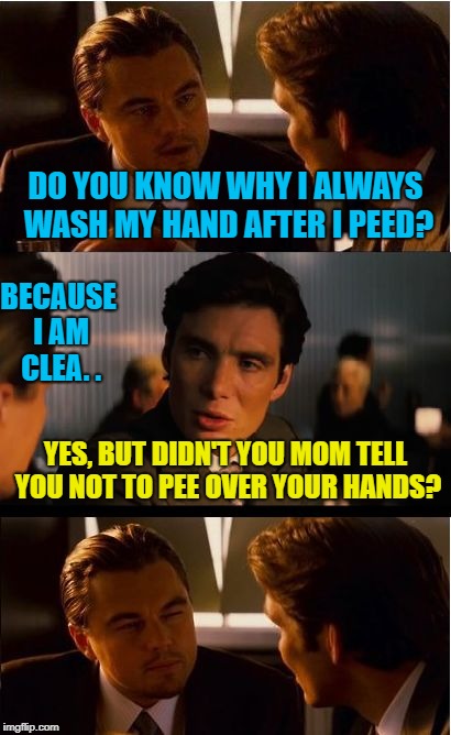 Inception Meme | DO YOU KNOW WHY I ALWAYS WASH MY HAND AFTER I PEED? BECAUSE I AM CLEA. . YES, BUT DIDN'T YOU MOM TELL YOU NOT TO PEE OVER YOUR HANDS? | image tagged in memes,inception | made w/ Imgflip meme maker