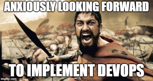 Sparta Leonidas | ANXIOUSLY LOOKING FORWARD; TO IMPLEMENT DEVOPS | image tagged in memes,sparta leonidas | made w/ Imgflip meme maker