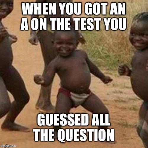 Third World Success Kid Meme | WHEN YOU GOT AN A ON THE TEST YOU; GUESSED ALL THE QUESTION | image tagged in memes,third world success kid | made w/ Imgflip meme maker