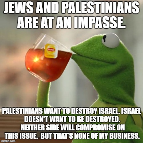 Muslim/Jew relationship explained | JEWS AND PALESTINIANS ARE AT AN IMPASSE. PALESTINIANS WANT TO DESTROY ISRAEL.
ISRAEL DOESN'T WANT TO BE DESTROYED.  NEITHER SIDE WILL COMPROMISE ON THIS ISSUE.  BUT THAT'S NONE OF MY BUSINESS. | image tagged in memes,but thats none of my business,kermit the frog,islam,jews,political meme | made w/ Imgflip meme maker