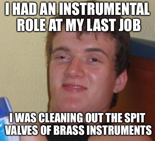 10 Guy | I HAD AN INSTRUMENTAL ROLE AT MY LAST JOB; I WAS CLEANING OUT THE SPIT VALVES OF BRASS INSTRUMENTS | image tagged in memes,10 guy | made w/ Imgflip meme maker