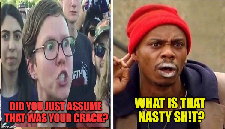 Either her or the crack. | WHAT IS THAT NASTY SH!T? DID YOU JUST ASSUME THAT WAS YOUR CRACK? | image tagged in dave chappelle crack,triggered feminist,memes,funny | made w/ Imgflip meme maker