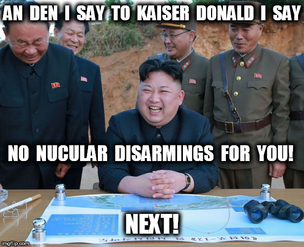 Kim Young Un No Nuclear Disarming | AN  DEN  I  SAY  TO  KAISER  DONALD  I  SAY; NO  NUCULAR  DISARMINGS  FOR  YOU! NEXT! | image tagged in kim young un laughing,nuclear | made w/ Imgflip meme maker
