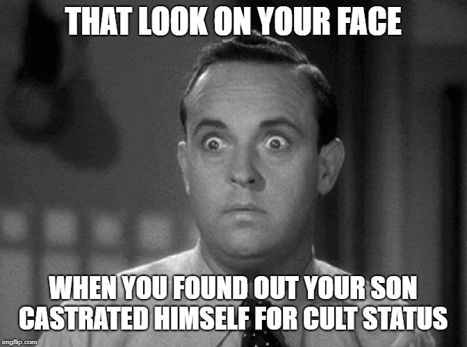 shocked face | THAT LOOK ON YOUR FACE; WHEN YOU FOUND OUT YOUR SON CASTRATED HIMSELF FOR CULT STATUS | image tagged in shocked face | made w/ Imgflip meme maker