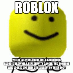 ROBLOX WHERE EVERYONE LOOKS LIKE A BACON HAIR, BLONDIE, BROWNIE, A PERSON WITH CANCER, AND SOMEONE WHO LOOKED LIKE THEY DID SURGERY ON THIER | made w/ Imgflip meme maker