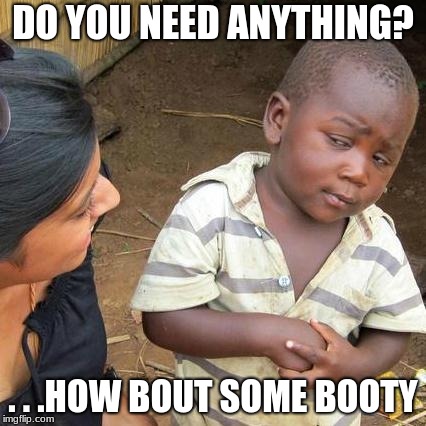 Third World Skeptical Kid Meme | DO YOU NEED ANYTHING? . . .HOW BOUT SOME BOOTY | image tagged in memes,third world skeptical kid | made w/ Imgflip meme maker