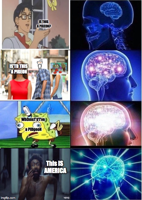 Expanding Brain Meme | IS THIS A PIGEON? IS'TD THIS A PIGEON; WhOmsT'd'I've a PiDgeoN; This IS AMERICA | image tagged in memes,expanding brain | made w/ Imgflip meme maker