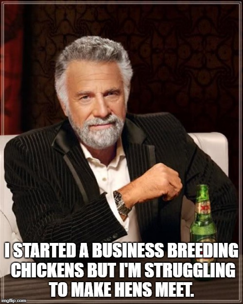 The Most Interesting Man In The World Meme | I STARTED A BUSINESS BREEDING CHICKENS BUT I'M STRUGGLING TO MAKE HENS MEET. | image tagged in memes,the most interesting man in the world | made w/ Imgflip meme maker