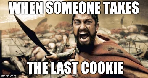 Sparta Leonidas Meme | WHEN SOMEONE TAKES; THE LAST COOKIE | image tagged in memes,sparta leonidas | made w/ Imgflip meme maker