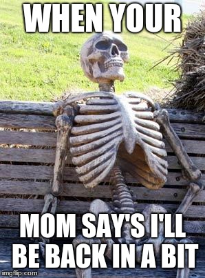 Waiting Skeleton Meme | WHEN YOUR; MOM SAY'S I'LL BE BACK IN A BIT | image tagged in memes,waiting skeleton | made w/ Imgflip meme maker