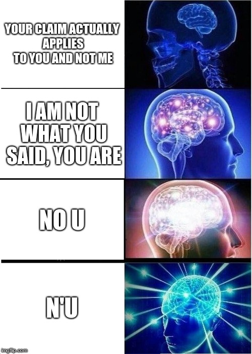 the true no u | YOUR CLAIM ACTUALLY APPLIES TO YOU AND NOT ME; I AM NOT WHAT YOU SAID, YOU ARE; NO U; N'U | image tagged in memes,expanding brain | made w/ Imgflip meme maker