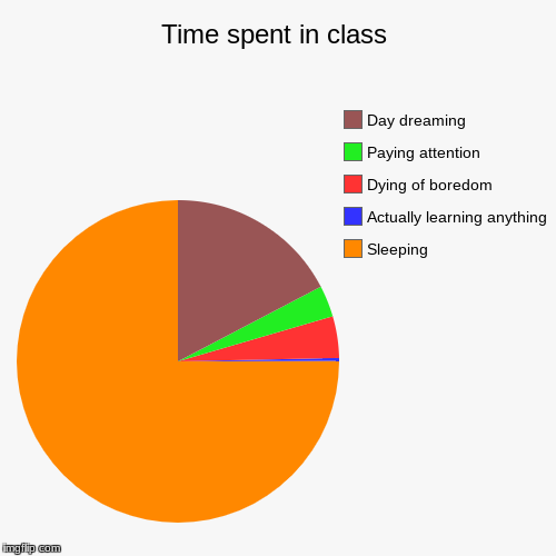 Time spent in class | Sleeping, Actually learning anything, Dying of boredom, Paying attention, Day dreaming | image tagged in funny,pie charts | made w/ Imgflip chart maker