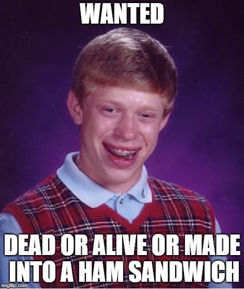 Bad Luck Brian Meme | WANTED; DEAD OR ALIVE OR MADE INTO A HAM SANDWICH | image tagged in memes,bad luck brian | made w/ Imgflip meme maker
