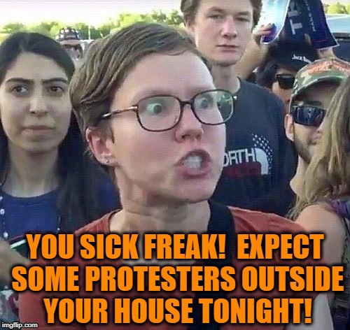 foggy | YOU SICK FREAK!  EXPECT SOME PROTESTERS OUTSIDE YOUR HOUSE TONIGHT! | image tagged in triggered feminist | made w/ Imgflip meme maker