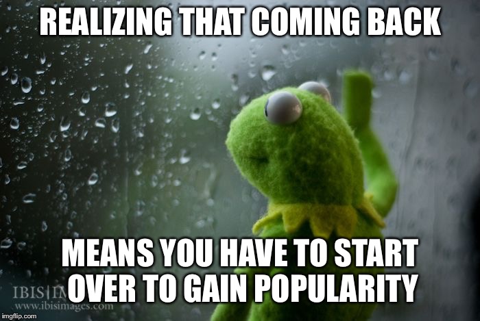 Darn |  REALIZING THAT COMING BACK; MEANS YOU HAVE TO START OVER TO GAIN POPULARITY | image tagged in kermit window,break,kermit,ur mom gay,points,imgflip points | made w/ Imgflip meme maker