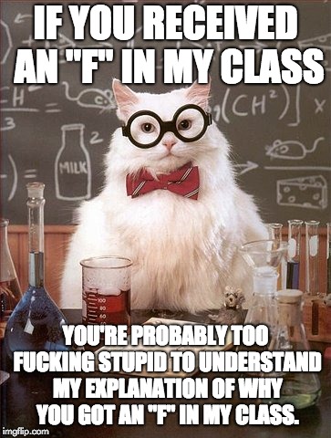 Professor Cat | IF YOU RECEIVED AN "F" IN MY CLASS; YOU'RE PROBABLY TOO FUCKING STUPID TO UNDERSTAND MY EXPLANATION OF WHY YOU GOT AN "F" IN MY CLASS. | image tagged in professor cat | made w/ Imgflip meme maker