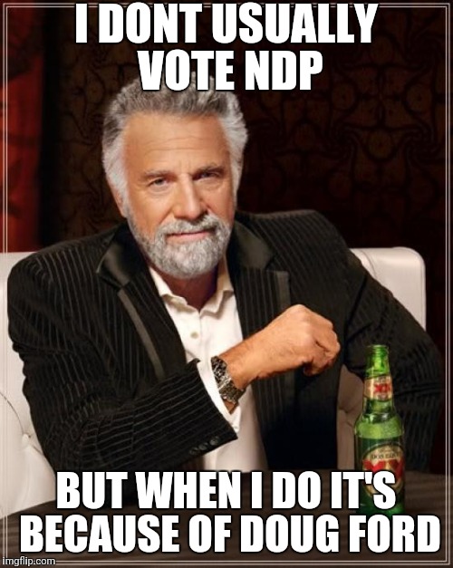 The Most Interesting Man In The World Meme | I DONT USUALLY VOTE NDP; BUT WHEN I DO IT'S BECAUSE OF DOUG FORD | image tagged in memes,the most interesting man in the world | made w/ Imgflip meme maker