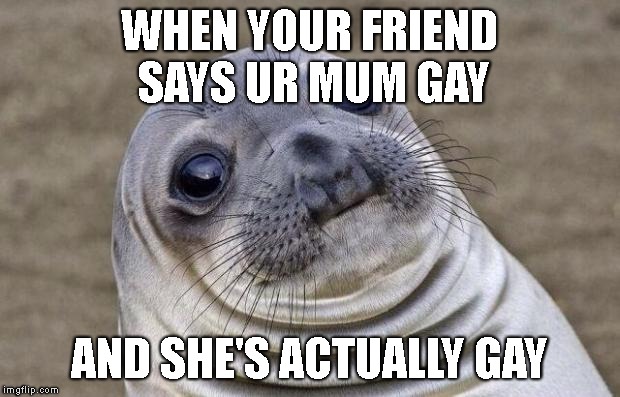 Awkward Moment Sealion Meme | WHEN YOUR FRIEND SAYS UR MUM GAY; AND SHE'S ACTUALLY GAY | image tagged in memes,awkward moment sealion | made w/ Imgflip meme maker