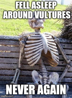 Waiting Skeleton Meme | FELL ASLEEP AROUND VULTURES; NEVER AGAIN | image tagged in memes,waiting skeleton | made w/ Imgflip meme maker