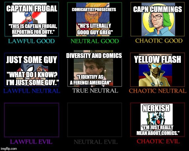 Alignment Chart | COMICARTISTPROSECRETS; CAPN CUMMINGS; CAPTAIN FRUGAL; "THIS IS CAPTAIN FRUGAL, REPORTING FOR DUTY."; "HE'S LITERALLY GOOD GUY GREG"; DIVERSITY AND COMICS; YELLOW FLASH; JUST SOME GUY; "WHAT DO I KNOW? I'M JUST SOME GUY."; "I IDENTIFY AS A FERENGI AMERICAN"; NERKISH; "I'M JUST REALLY MEAN ABOUT COMICS." | image tagged in alignment chart | made w/ Imgflip meme maker