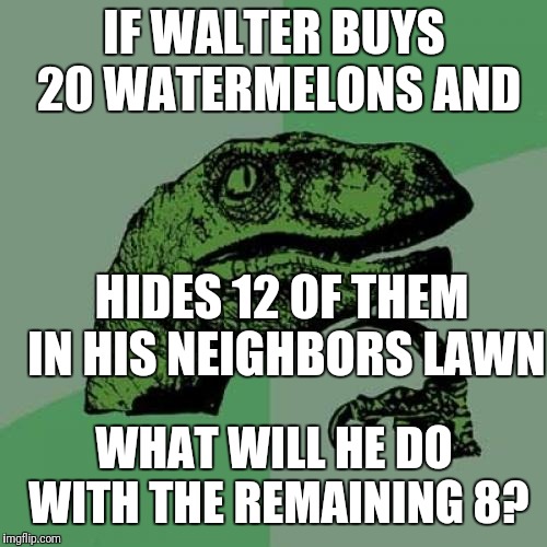 Philosoraptor Meme | IF WALTER BUYS 20 WATERMELONS AND WHAT WILL HE DO WITH THE REMAINING 8? HIDES 12 OF THEM IN HIS NEIGHBORS LAWN | image tagged in memes,philosoraptor | made w/ Imgflip meme maker