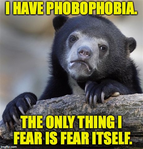 It's also known as Roosevelt's Disease lol! | I HAVE PHOBOPHOBIA. THE ONLY THING I FEAR IS FEAR ITSELF. | image tagged in memes,confession bear,fear | made w/ Imgflip meme maker