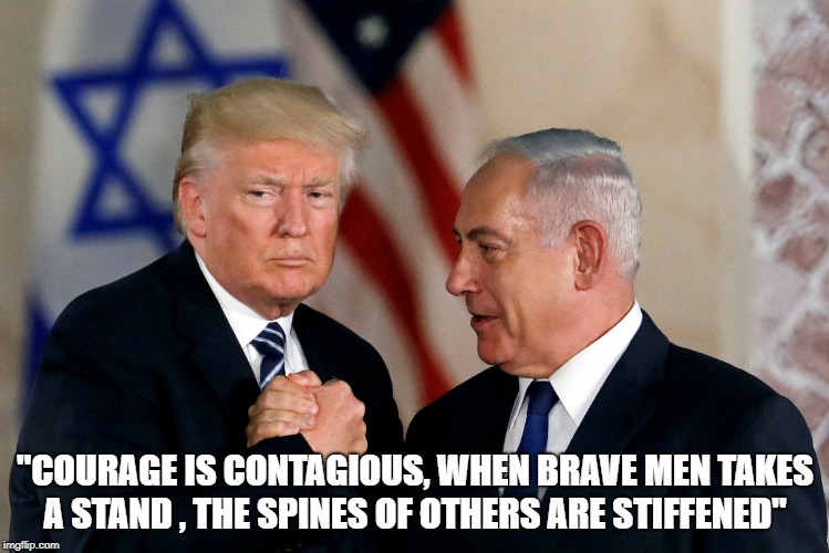 "COURAGE IS CONTAGIOUS, WHEN BRAVE MEN TAKES A STAND , THE SPINES OF OTHERS ARE STIFFENED" | image tagged in donald trump,usa,israel | made w/ Imgflip meme maker