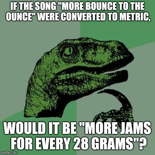 Throwback Thursday | IF THE SONG "MORE BOUNCE TO THE OUNCE" WERE CONVERTED TO METRIC, WOULD IT BE "MORE JAMS FOR EVERY 28 GRAMS"? | image tagged in memes,philosoraptor,funk,1980s,bad joke,metric | made w/ Imgflip meme maker