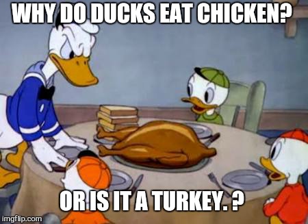 O  the humanity  | WHY DO DUCKS EAT CHICKEN? OR IS IT A TURKEY. ? | image tagged in memes,donald duck,turkey,chicken week,funny | made w/ Imgflip meme maker